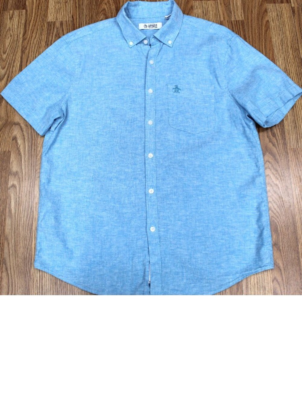 PENGUIN S/S REGULAR FIT LINEN SHIRT LIGHT BLUE Sz MEDIUM, M